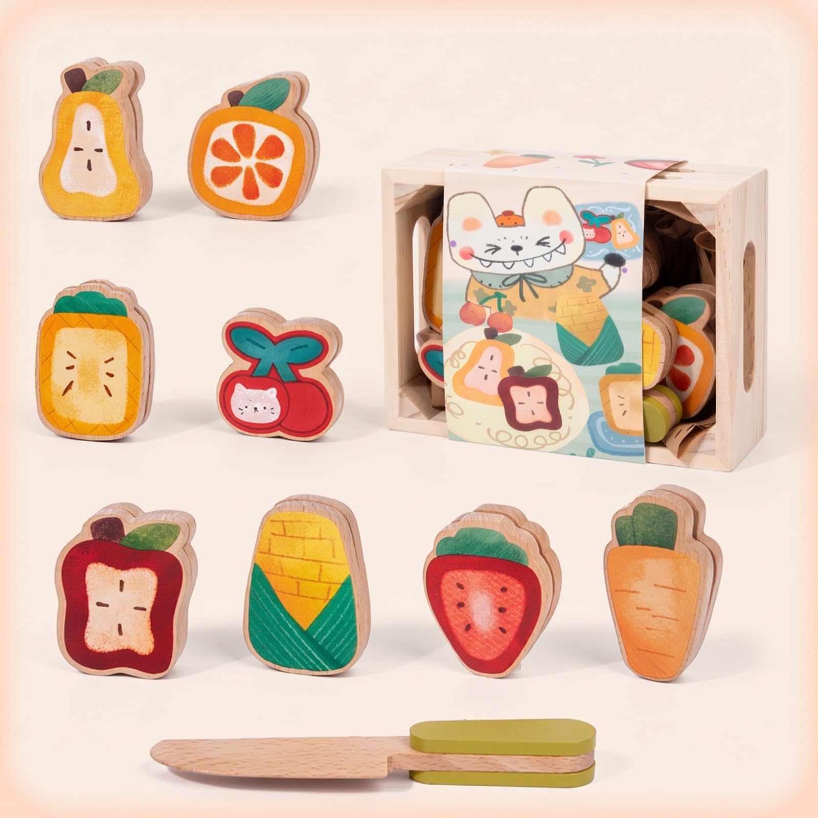 Sharplace Children Kitchen Playthin Kit de Alimentos de Madera Juguete de Cocina para Niños Caja Sólida con Tapa Ilustrada Cuchillo Juguete Piezas de Comida, Postres