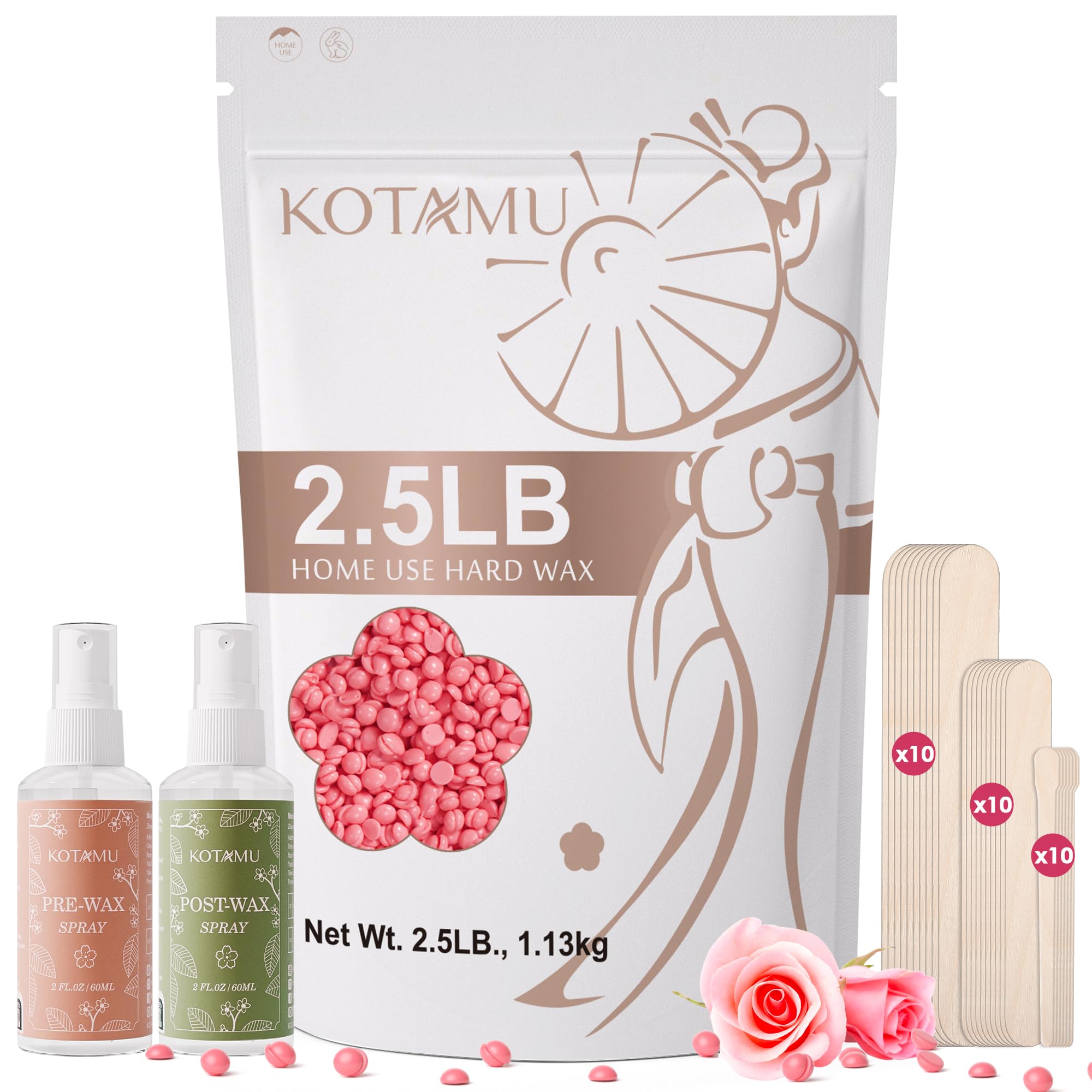 KOTAMU Pink Wax Beans for Hair Removal, 2.5lb, Hard Wax for Face, Eyebrow, Bikini, Brazilian, Leg, Body, Sensitive Skin, Ideal for Women Home Salon