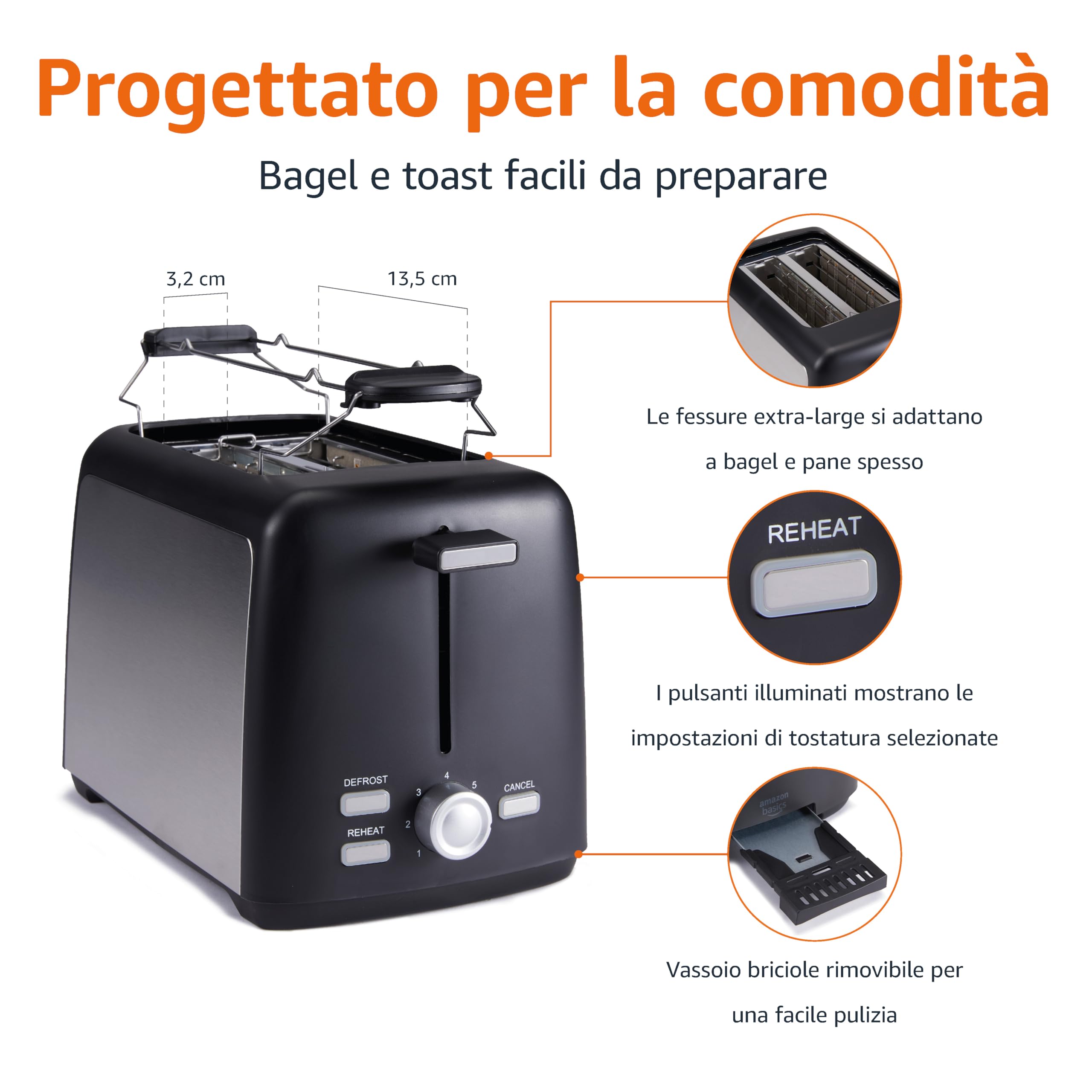 Amazon Basics Tostapane 2 Fette con 7 Livelli di Doratura e Vassoio Raccogli Briciole Estraibile, Slot Extra Larghi, 800W, Nero