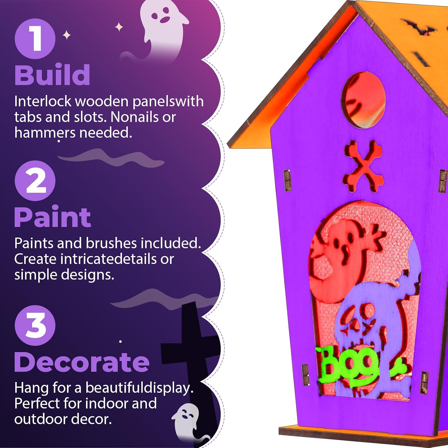 Qunclay 18 Pcs LED Halloween Wooden Craft House for Kid, Paint Brushes Kit image 3