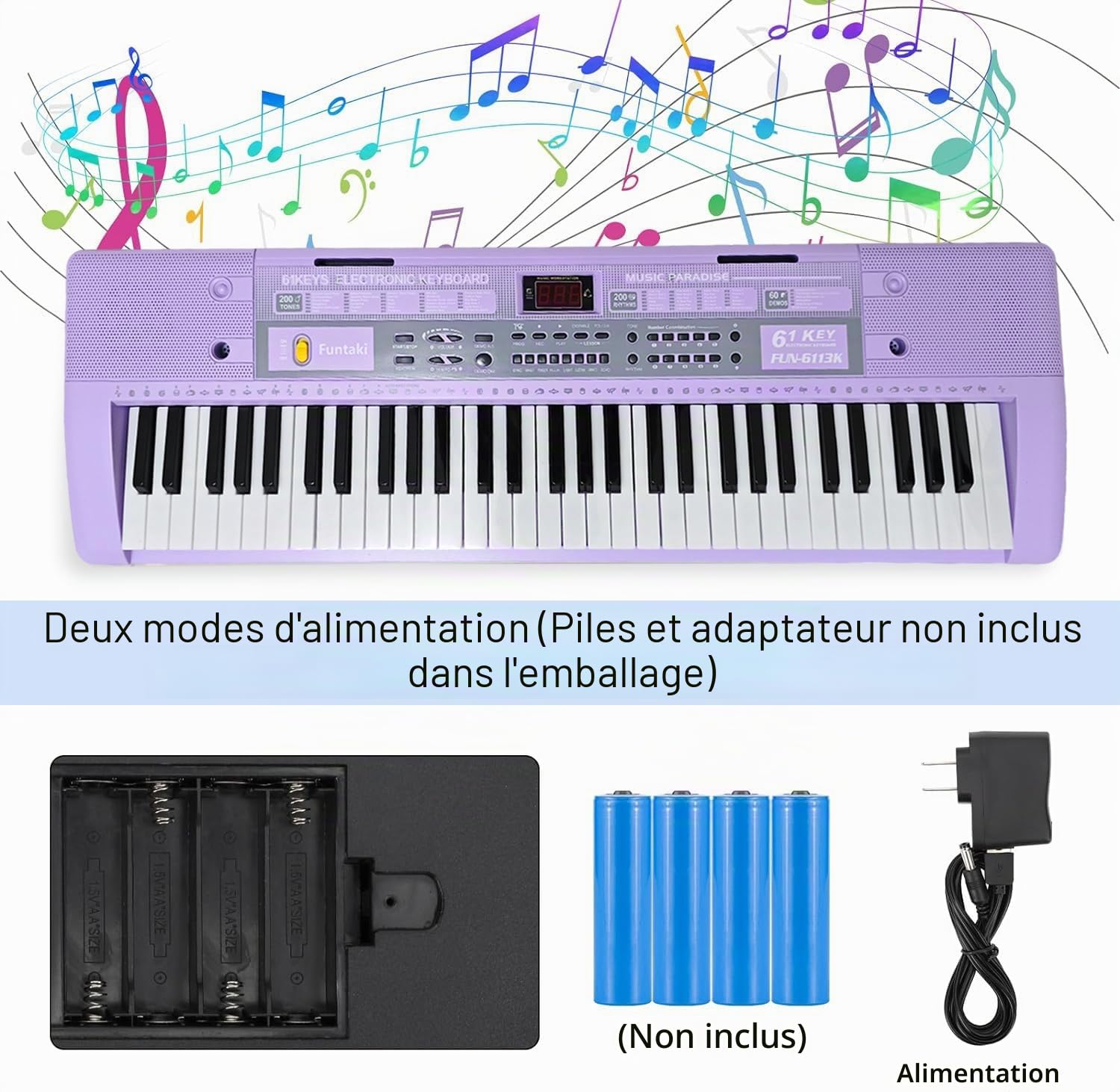 Clavier de piano électrique à 61 touches avec touches éclairées, synthétiseur numérique portable avec support, mini clavier musical pour débutants, enfants et adultes Violet