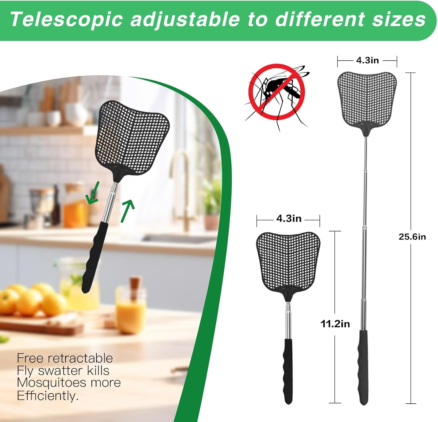 MYSTICHOME Fly Swatter 1 Pack, Durable Heavy Duty Plastic Fly Swatters, Stainless Steel Telescopic FlySwatter for Indoors/Outdoor/Kitchen/Garden(Black)