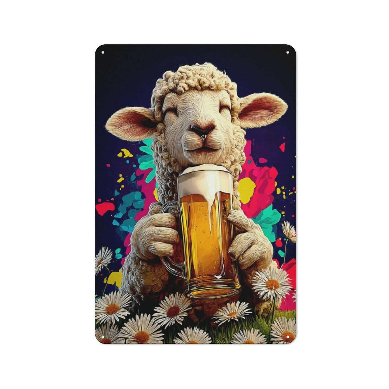 Junmoney Happy Sheep Enjoying A Cold Beverage Kitchen Metal Sign 30X20cm, Country Style Kitchen Wall Decor For Restaurant, Kitchen, Counter Or Breakfast Nook