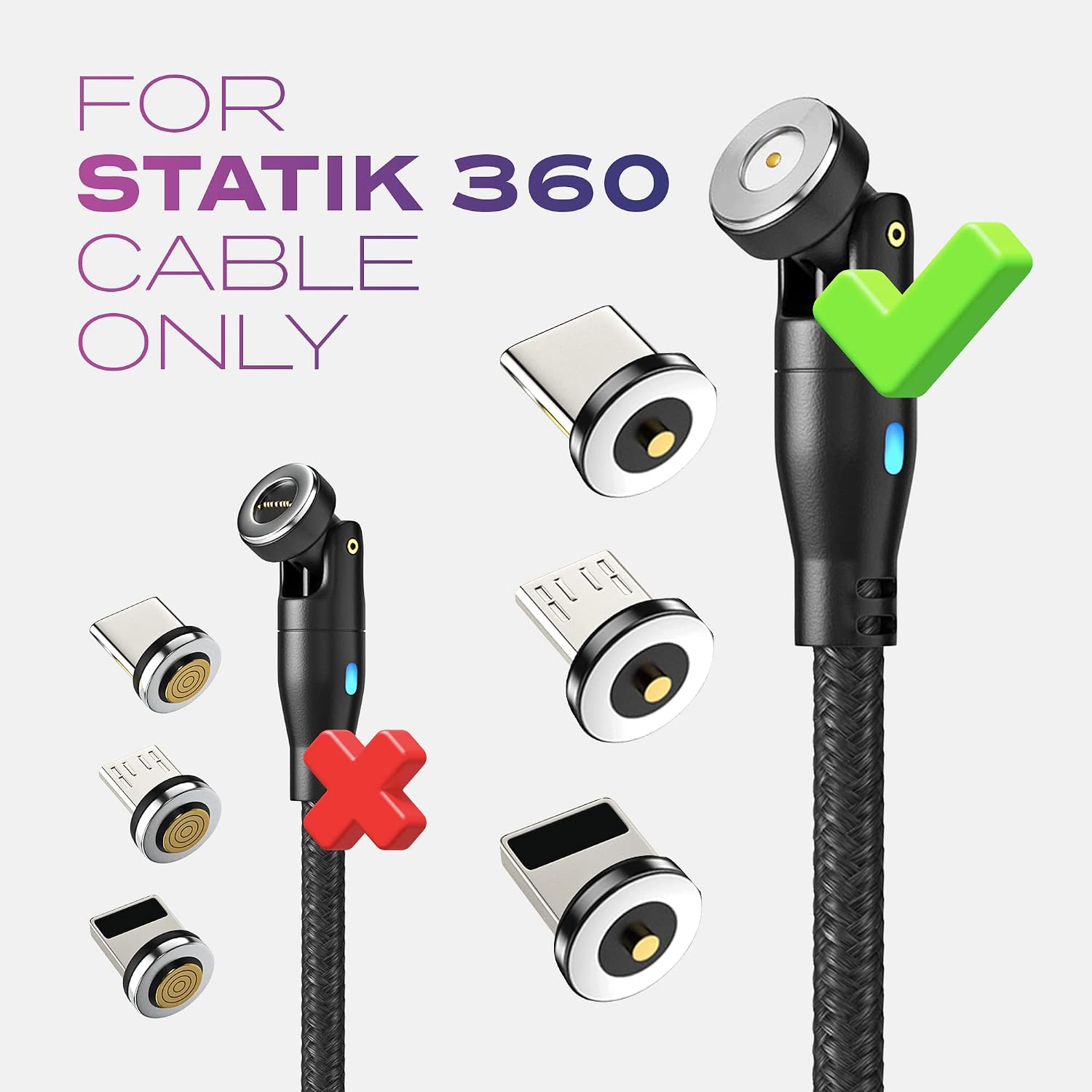 Statik Magnetic Connectors for Magnetic Charging Cable - 3-Pack USB-C, Micro USB and i-Product Magnetic Adapters for Magnetic Cable Chargers - Easily Snaps Into Place & Compatible to All Devices