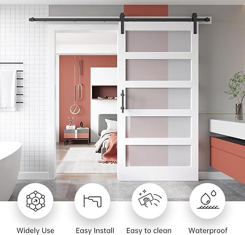 Vista 2 de Puerta de granero de vidrio EaseLife de 42 x 84 pulgadas con kit de herrajes deslizantes de 7 pies incluido y manija, madera maciza cubierta