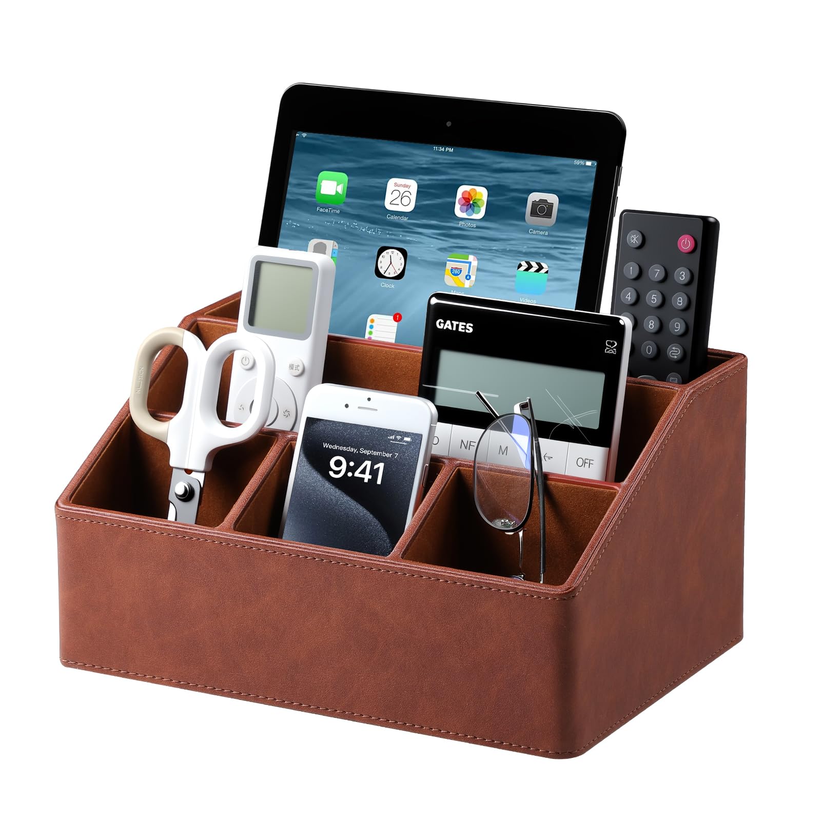 Organizer da scrivania Caddy Comodino Organizer Desk Caddy Remote Holder | Pelle PU, 5 scomparti, fodera in morbido velluto, grande capacità di archiviazione