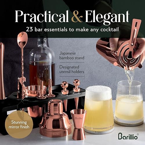 Miniatura 4 de Barillio Kit de barman de oro rosa  Juego de coctelera de acero inoxidable con soporte de bambú negro  Herramientas de barra de mixología con