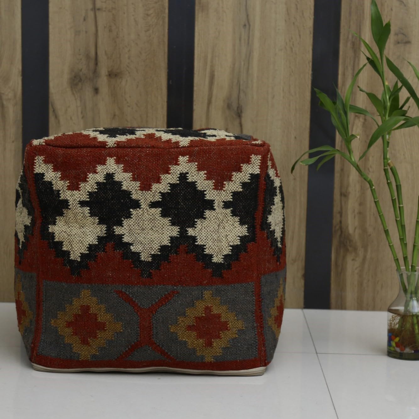 Trade Star 70% Jute 30% Wool Kilim Pouf Cover Pouffe Cover Vintage Rustic Home Decor Seating Pouf Case Authentic Handmade Ottoman Footstool Floor Cushion Cover for Living Room