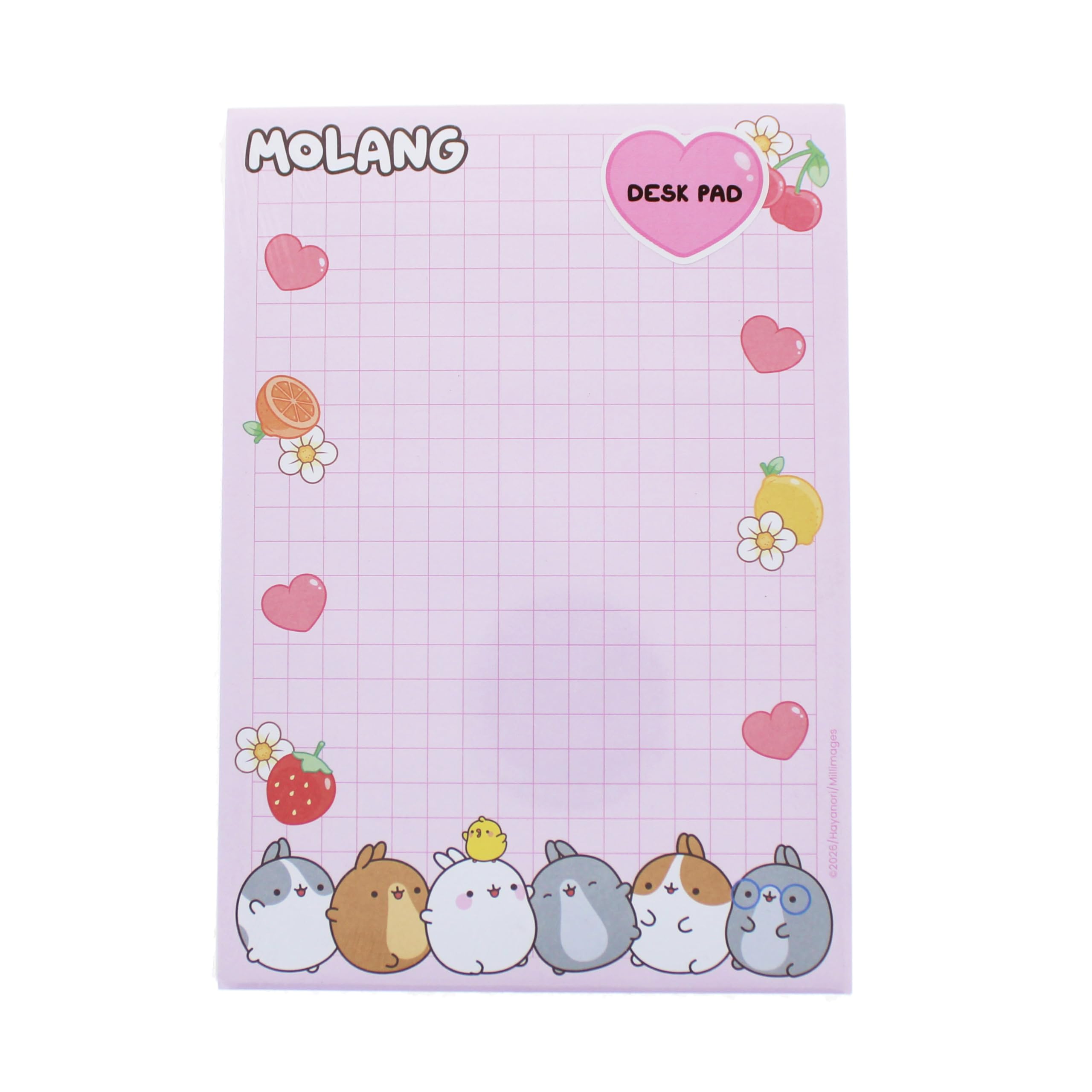 Blueprint Collections Molang Desk Pad | Cute Pink Design with Fruit & Heart Accents | Writing Pad for Notes, Lists & Desk Organization | Official Molang Stationery, Gifts & Accessories