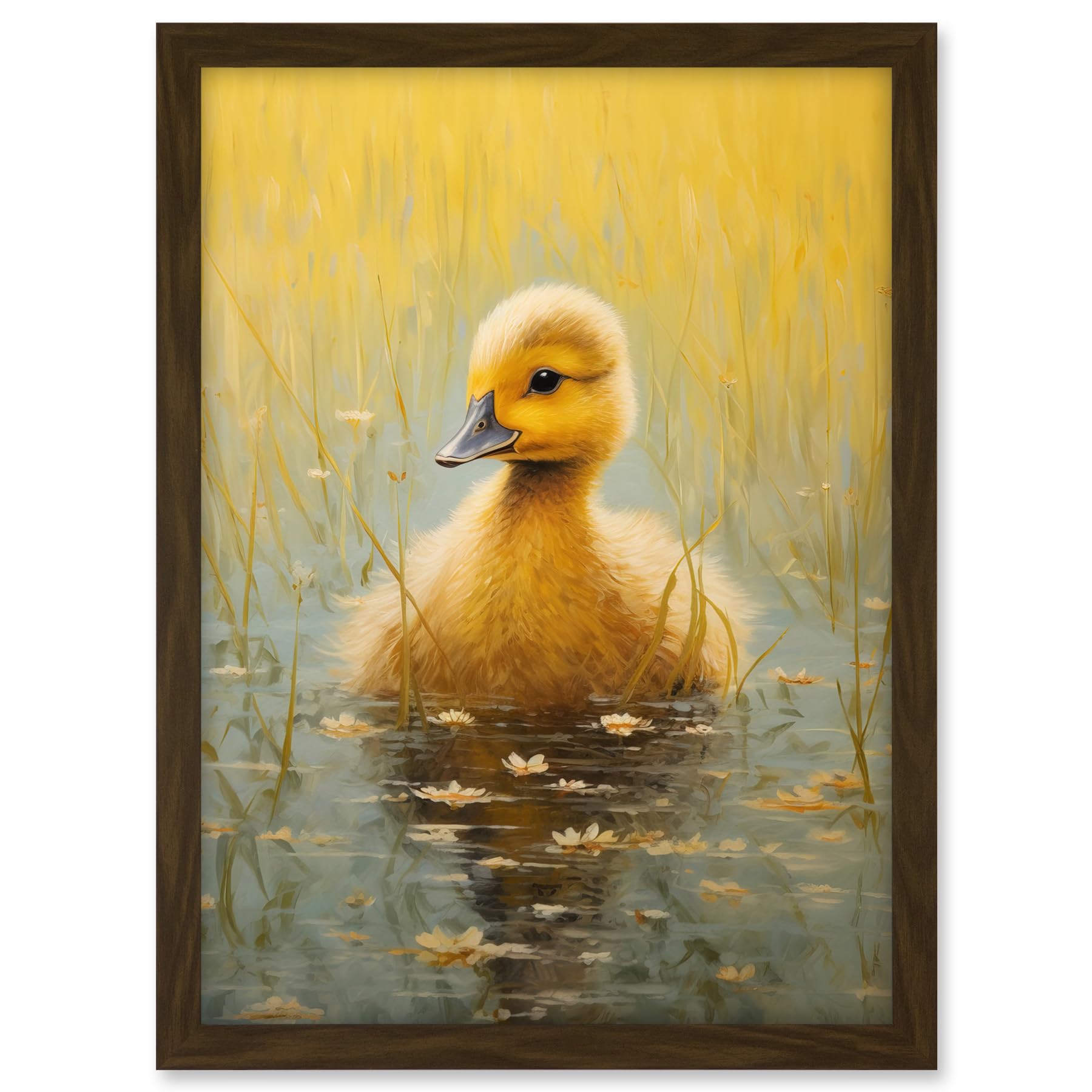 Artery8 Cute Yellow Ducking in Countryside Pond Oil Painting Kids Bedroom Baby Duck Bright Artwork Framed A3 Wall Art Print
