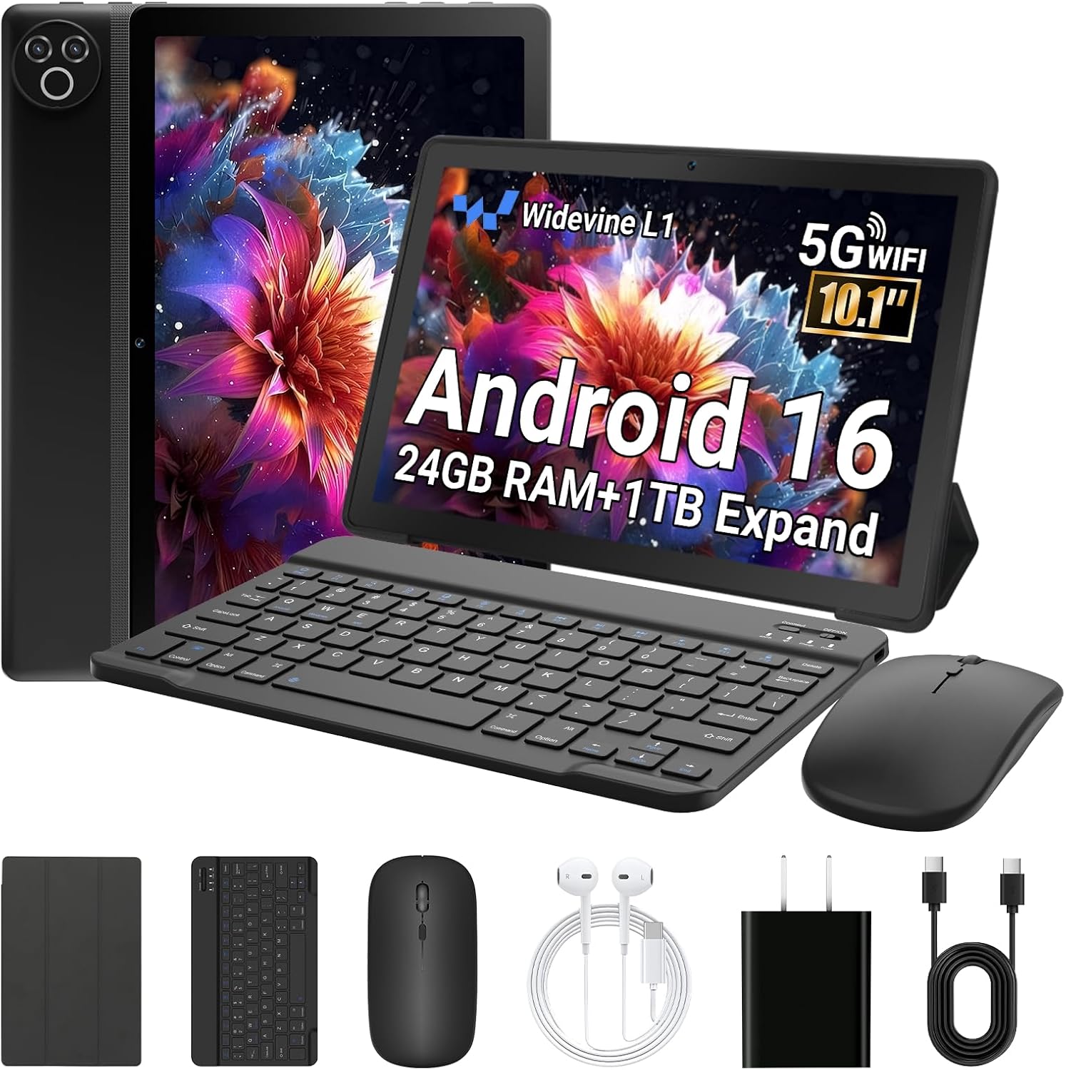 Tablet, 10.1 Inch Android 16 Tablet with 24GB RAM 1TB Expansion, 6000mAh Battery, 2-in-1 Tablets with Keyboard Mouse Pen Protective Case, Dual 5MP+8MP Camera, WiFi 6, BT 5.4, Face Unlock, Widevine L1