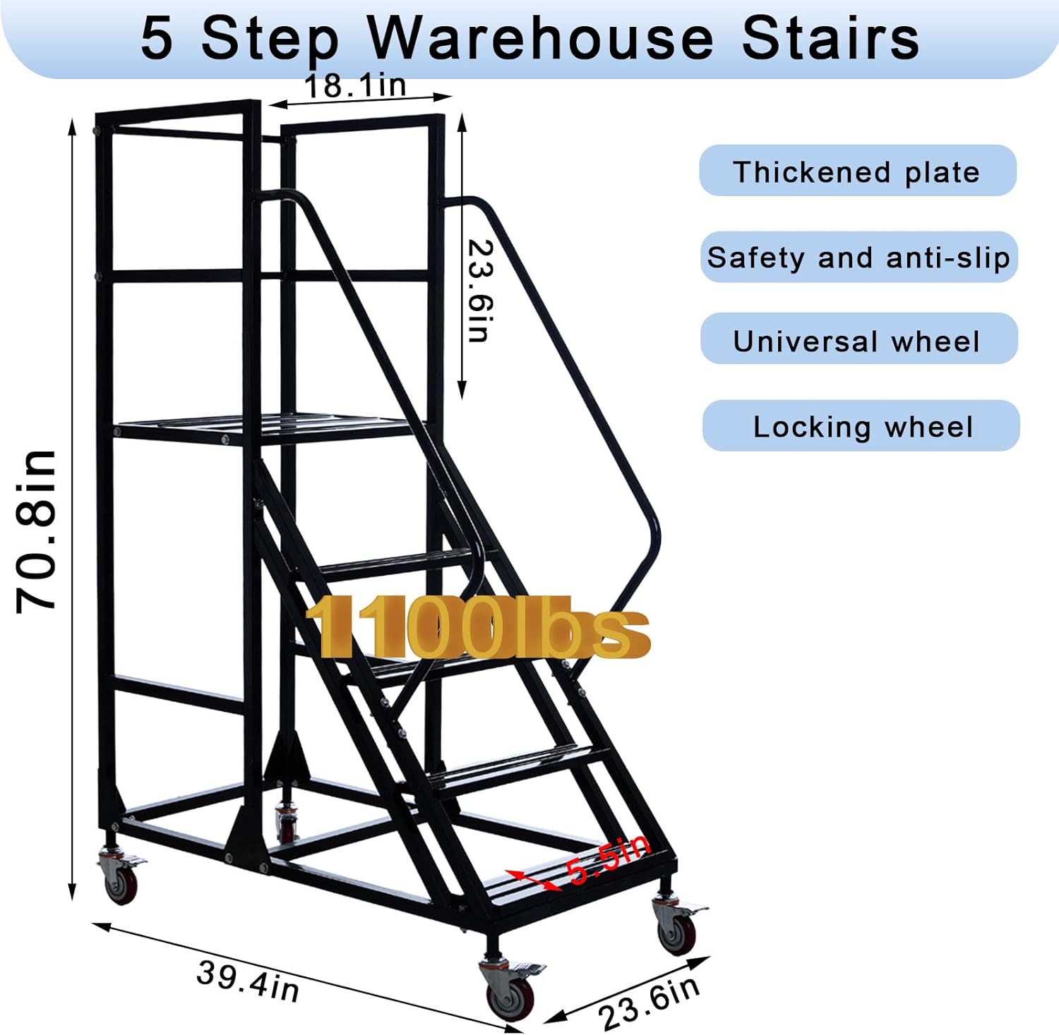 5-Step Rolling Warehouse Step Ladder, Lockable Wheels, Non-Slip Wide Steps, Dual Handrails, Movable Platform Ladder, Rolling Stairs for Warehouse, Supermarket, Library (Black, 5 Steps)