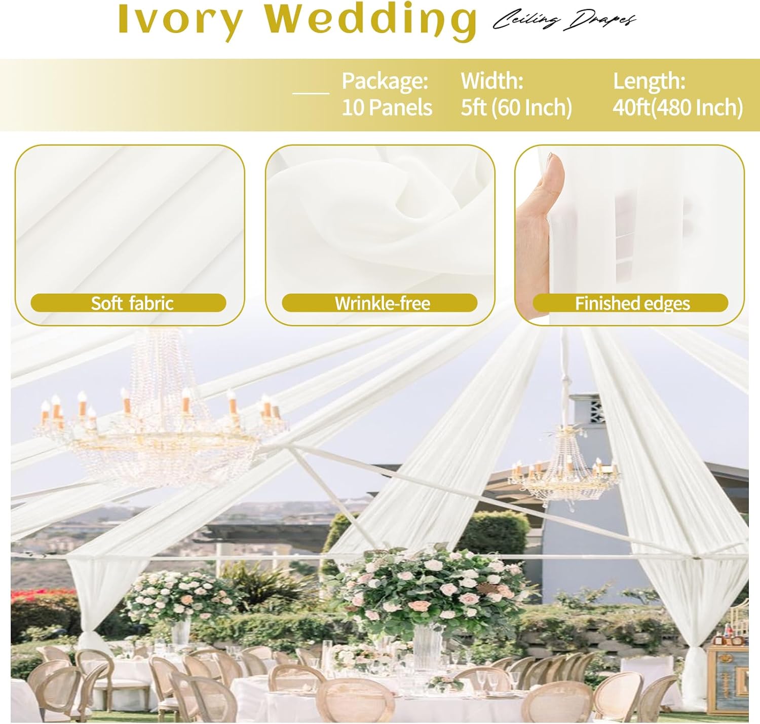 10 Panels Ivory Ceiling Drapes for Wedding Ceiling Drapes 5ftx40ft Wedding Arch Draping Fabric Sheer Curtains Chiffon Drapery Draping Wedding Ceiling Decorations for Party Ceremony Stage Swag
