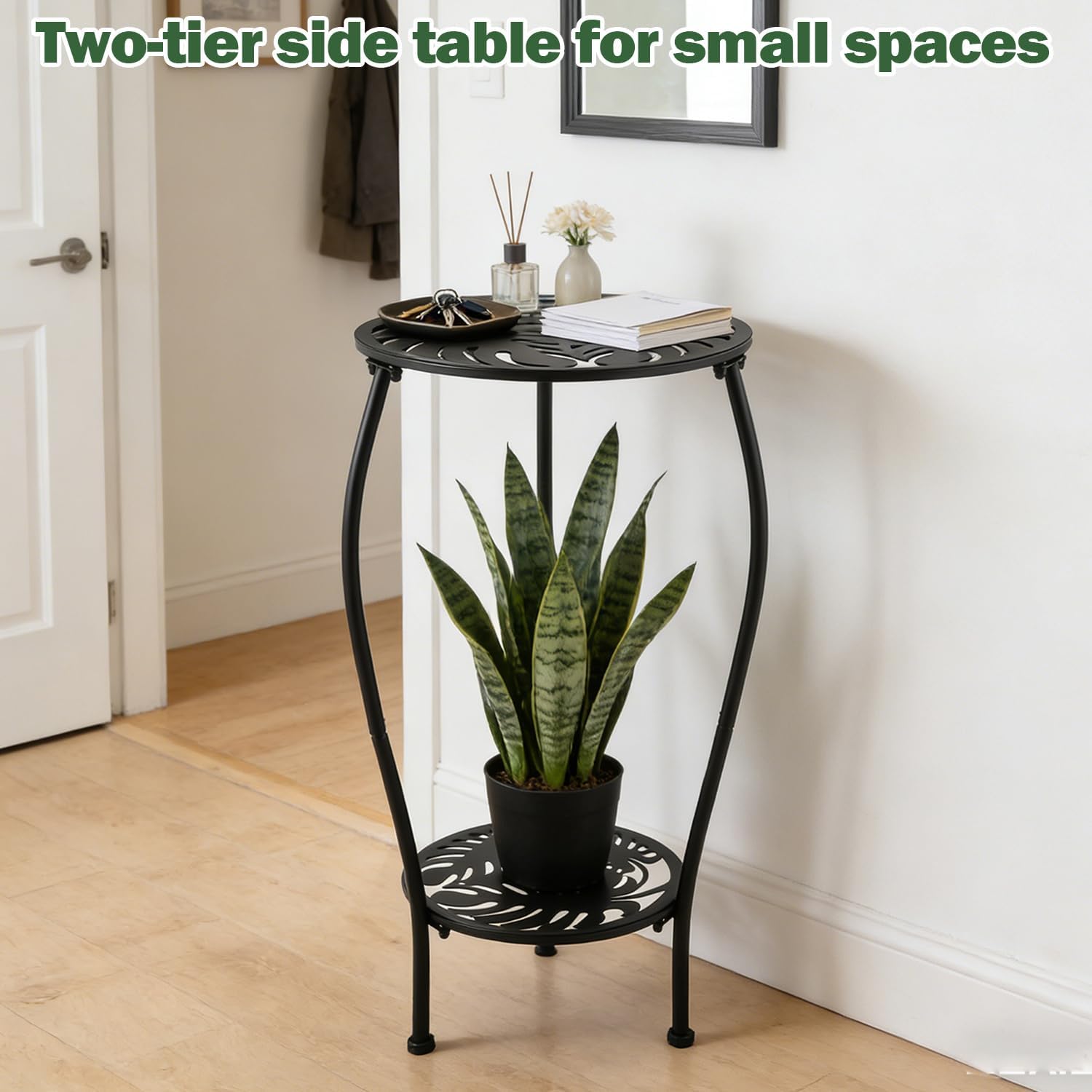 1 Pack 13 Inch Metal Round Side Tables Two-tiered Small Black Outside End Table for Patio Round Accent Garden Corner Stand for Small Spaces Weather-resistant Outdoor Coffee Table for Balcony