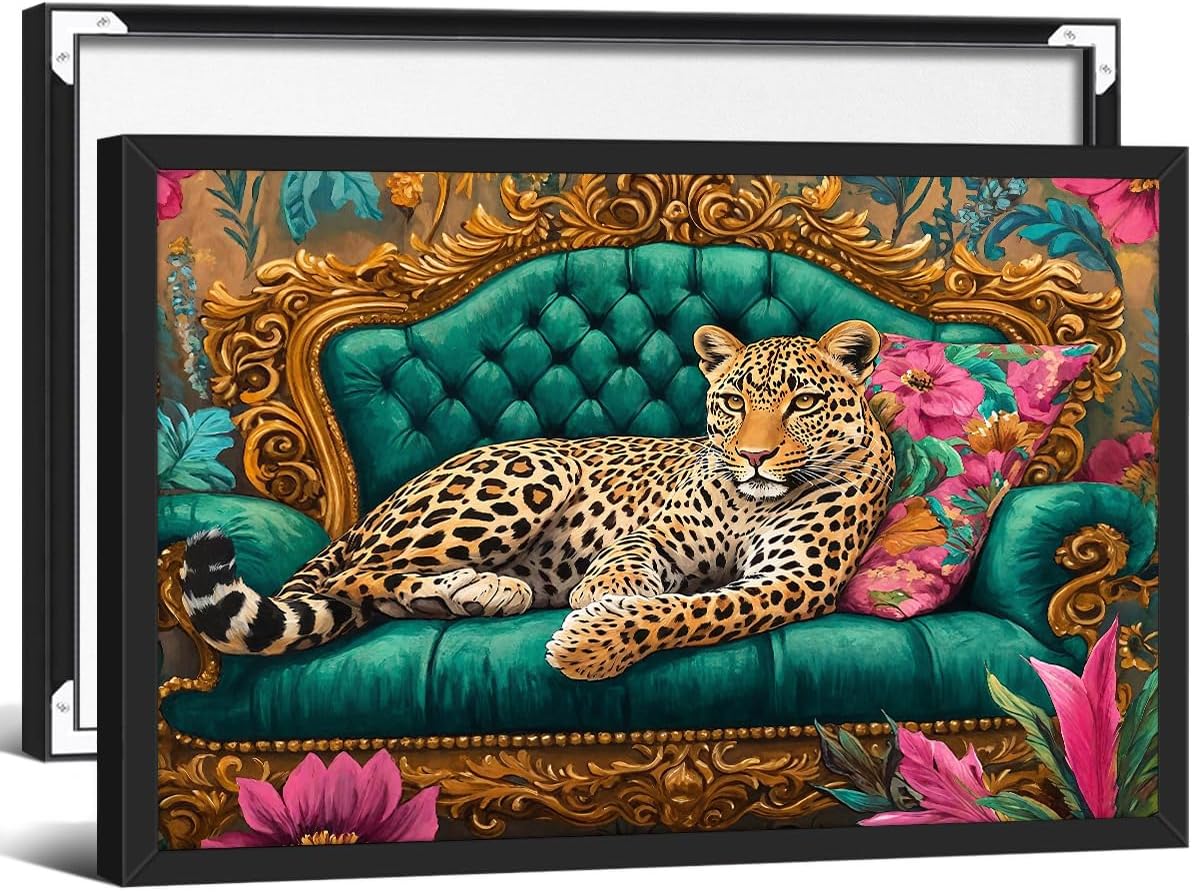 Cheetah Lying On Sofa Wall Art Green Jungle Leopard Animal Poster 24X36 inch Black Framed Vintage Boho Aesthetic Canvas Print for Maximalist Living Room Wall Decor