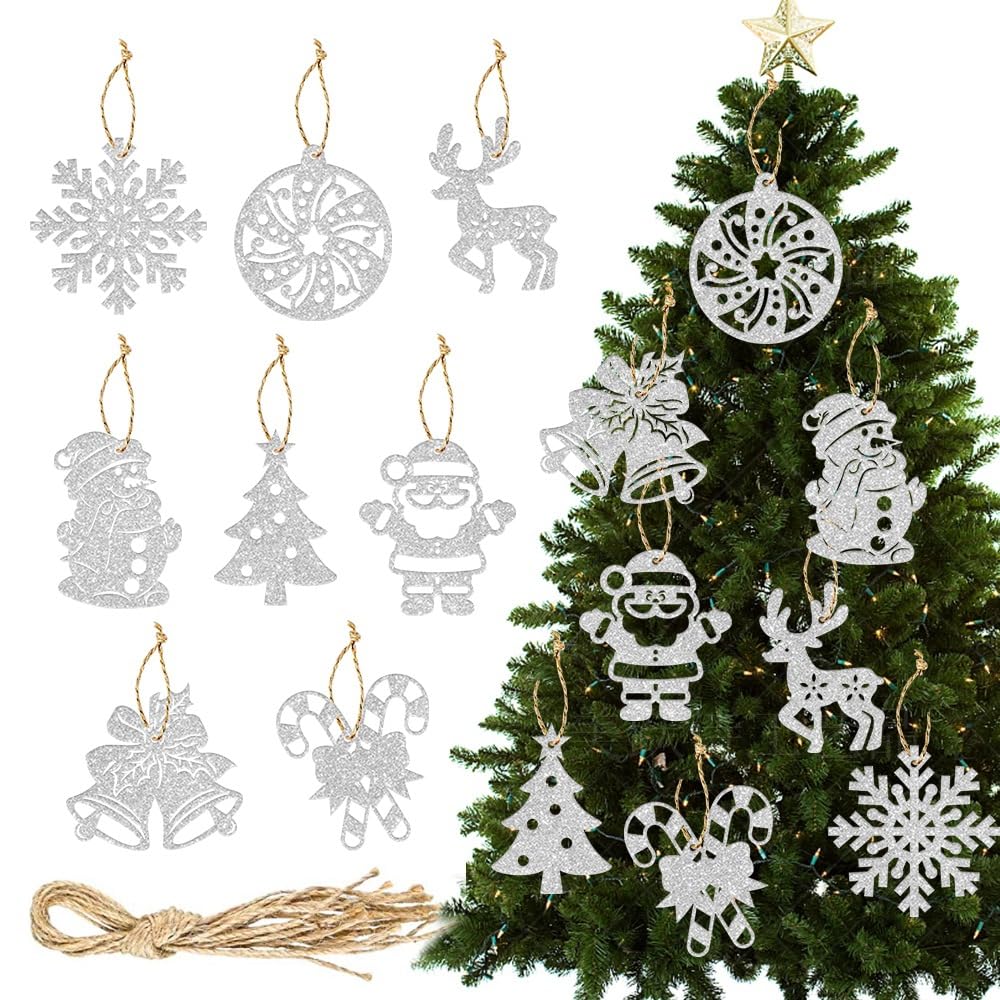 OUDINI Christmas Tree Decorations, 16 PCS Cute gliter paper Hanging Ornaments for Tree,Christmas Party Indoor Decoration Supplies (16, glitter silver)