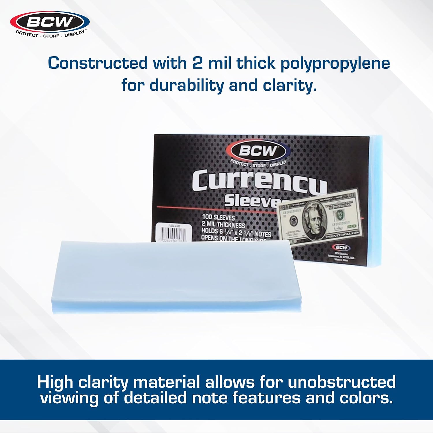 BCW Regular Bill Currency Sleeves – 200 Pack | Thin, Low-Bulk, Acid-Free Polypropylene Sleeves for US Paper Currency | Clear Protective Sleeves for Handling