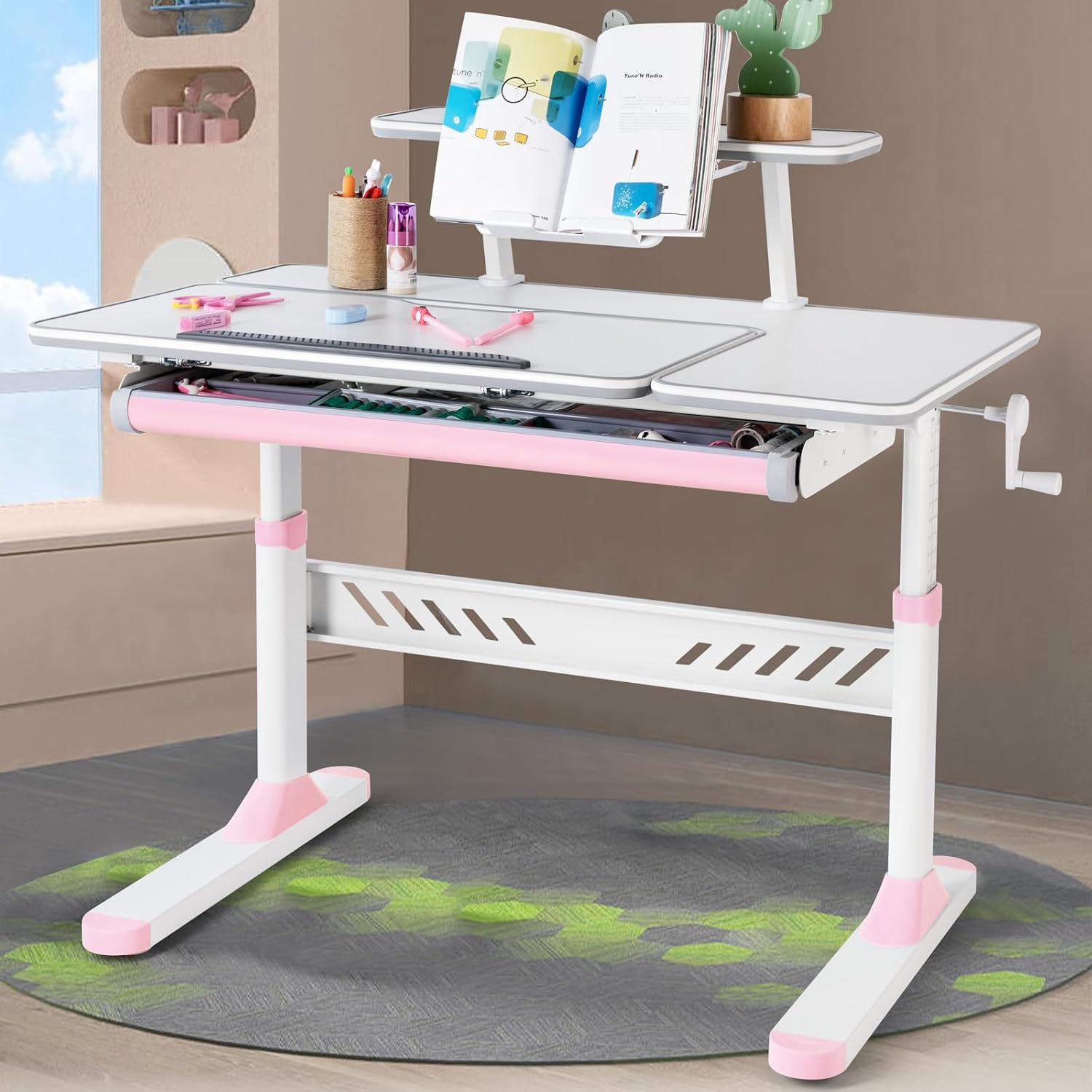 JOYLDIAS Kids Study Desk with Tilted Desktop, Height Adjustable Children’s Learning Table with Drawer, Bookshelf & Crank Handle, Ergonomic School Workstation for Boys & Girls (Pink)