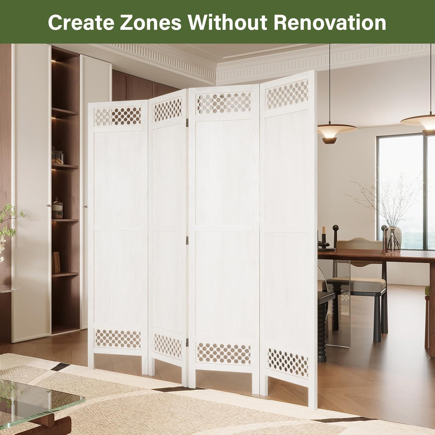 Privacy Screen Room Divider Panel - 67 Inch Tall Natural Wood Folding Partition Room Dividers, No-Assembly Required, Enhance Privacy and Aesthetic Appeal, Ideal for Home or Office White 4 Panel