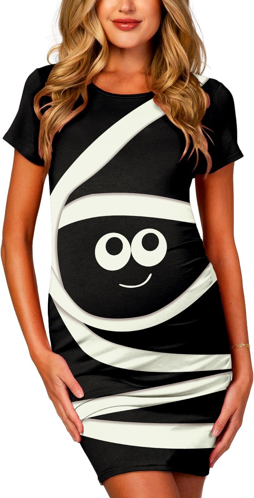 Pregnancy Costume Dress for Women Halloween Casual Side Ruched Short Sleeve Bodycon Maternity Outfit Mummy M