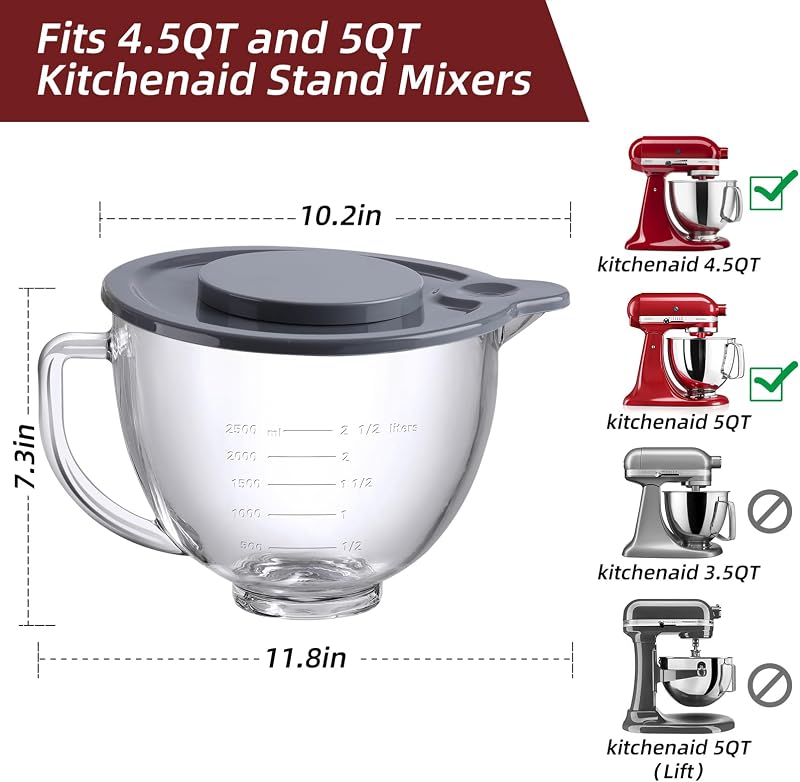Gdrtwwh Üvegtál KitchenAid 4,5-5 Literes Billenőfejes Robotgéphez - Pótlék Mixer Tál Artisan Keverőgéphez