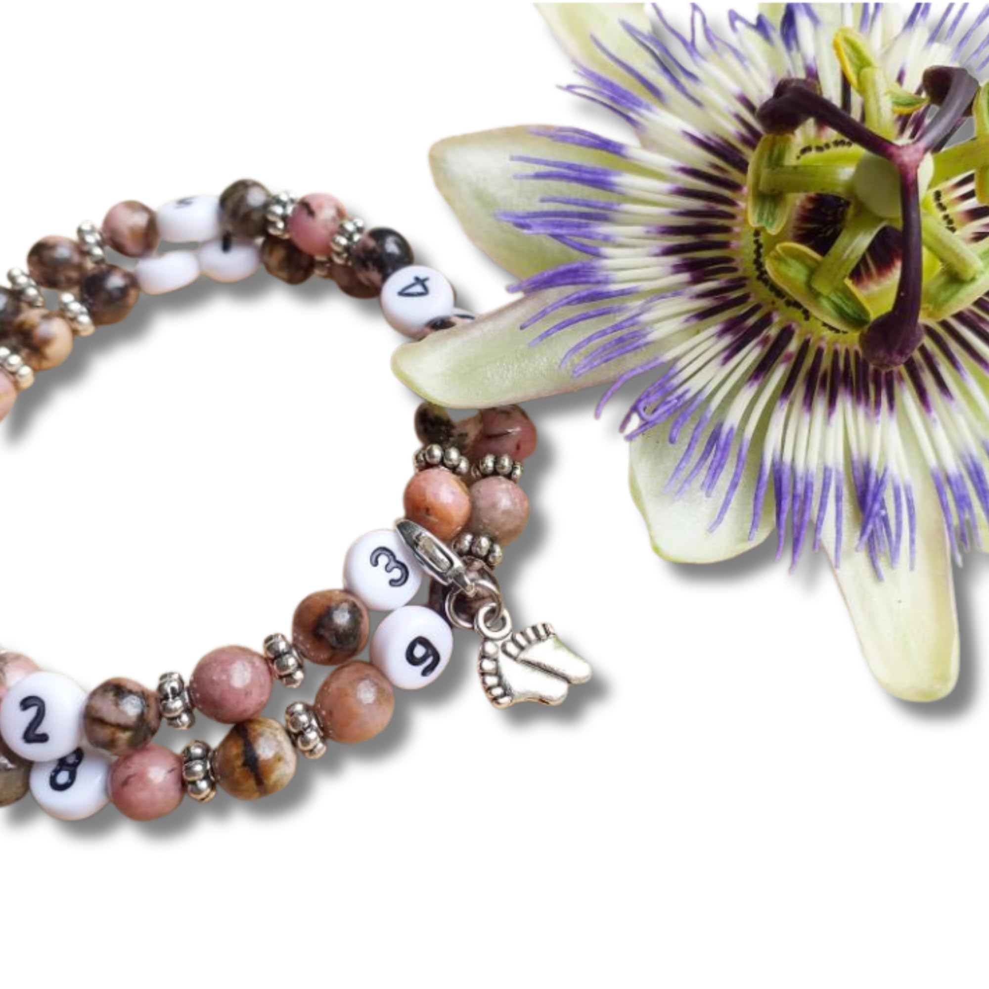 Bracelet d'allaitement Rhodonite - permet de noter l'heure de la dernière tétée ou dernier biberon - modèle Samnith