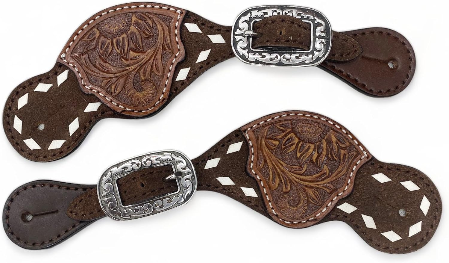 Western Women Spur Strap Set with Hand Tooled Craft, Braiding, and White Buck Stitching