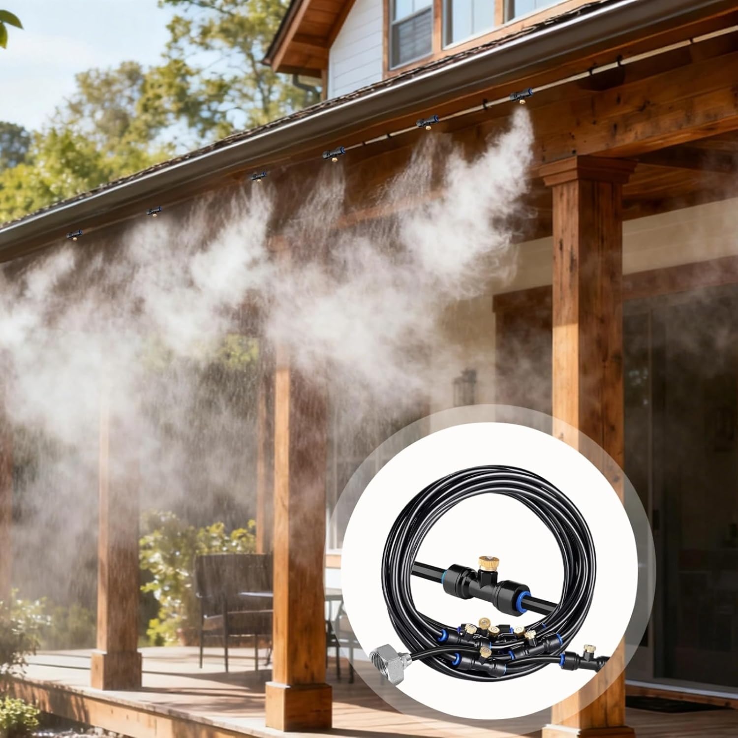 59 Ft / 18 Meters Outdoor Misting System, 26 Nozzles Included, with Brass Nozzles, Pe Tubing, Complete Patio Mist Kit