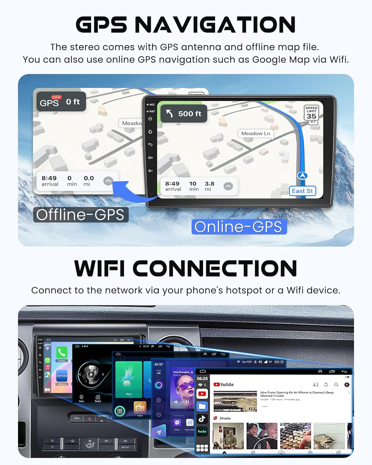 GPS navigation display showing both offline and online map modes, and Wi-Fi connection interface.