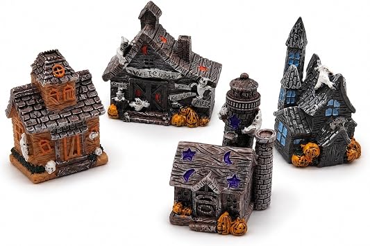 LOGOFUN 4PCS Haunted House Figurines Resin Halloween Mini Decor Props