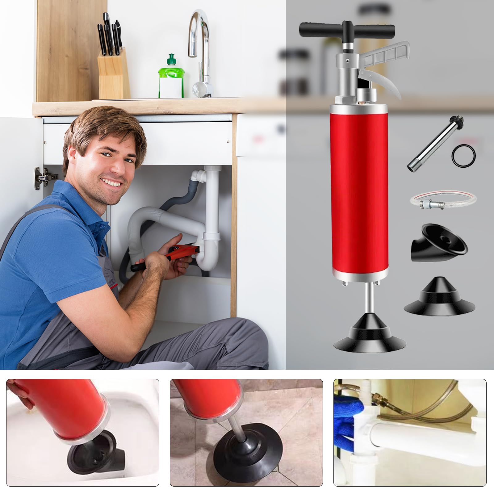 Déboucheur de Canalisation à Air Comprimé 0,8 MPa, Pompe Haute Pression avec 2 Embouts en Caoutchouc et Tuyau d’Extension pour Cuisine Salle de Bain WC et Usage Industriel