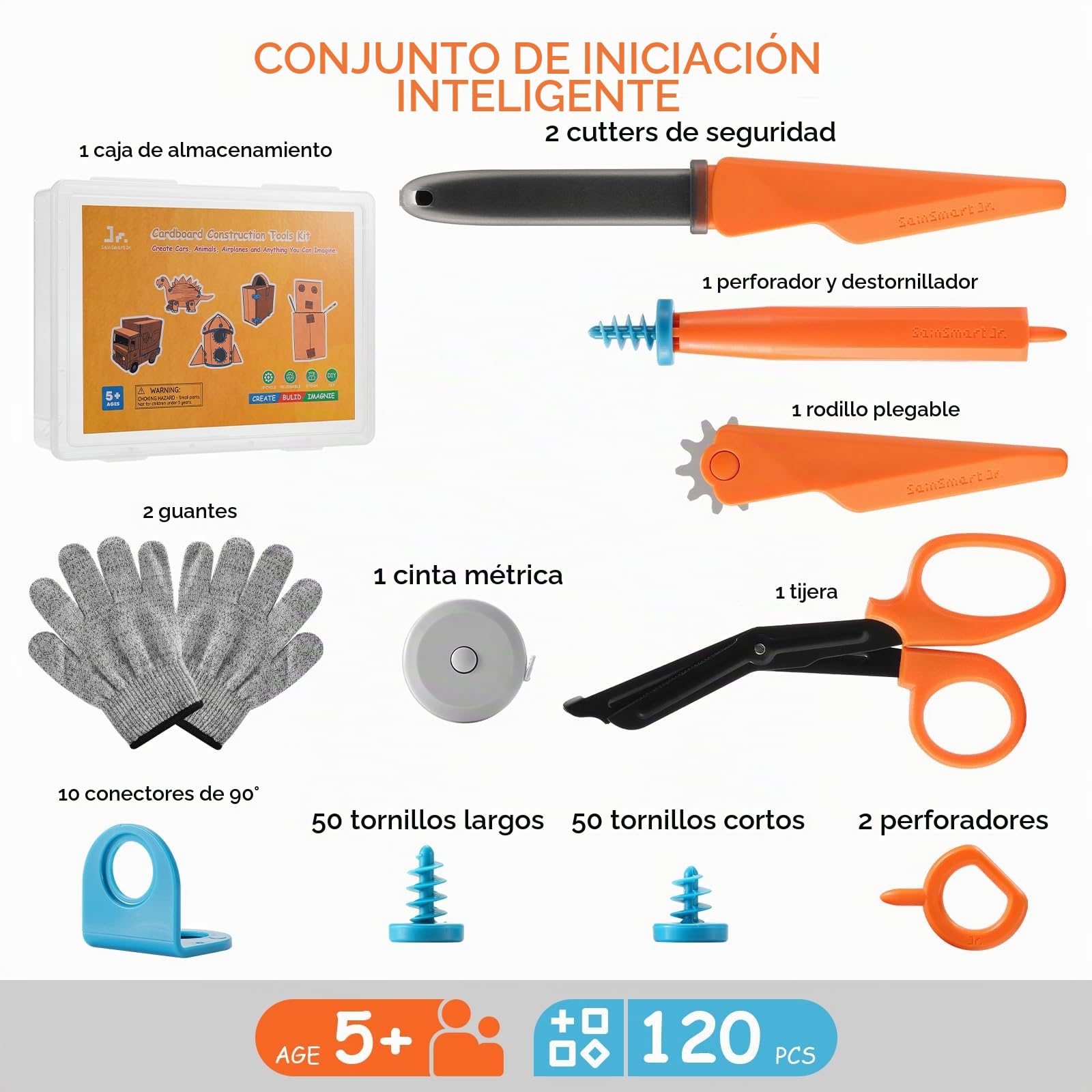 SainSmart Jr. Herramientas de construcción de cartón para niños 120 piezas