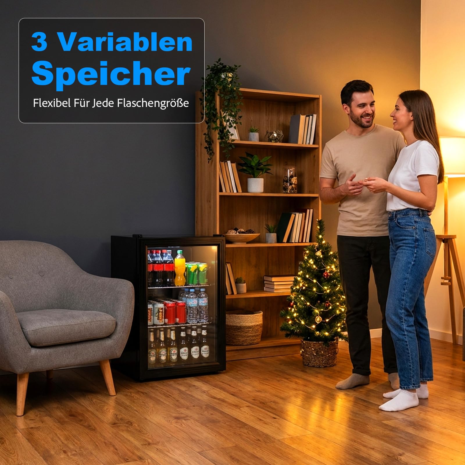 Trintion Mini Kühlschrank 60L mit Glastür, Kompakter Getränkekühlschrank, 2 Verstellbare Ablagen, Schwarz