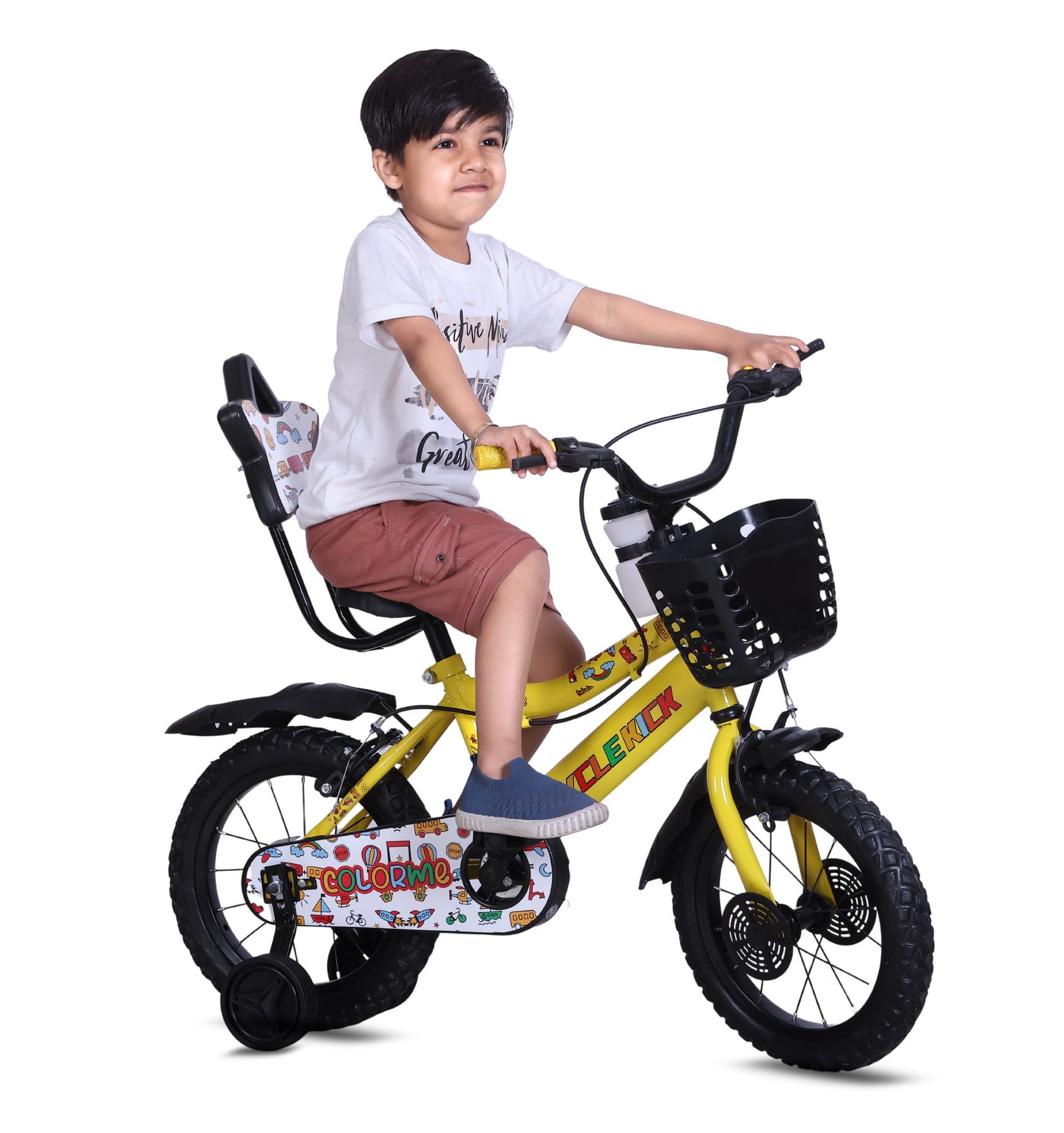 CYCLE KICK 14T Kids Cycle for Boys & Girls Ideal for Age Group 2-5 Years with Balance Wheel & Back Rest Seat & Water Bottle | Semi Assembled | Rigid Fork | Frame 9 Inch (Yellow)