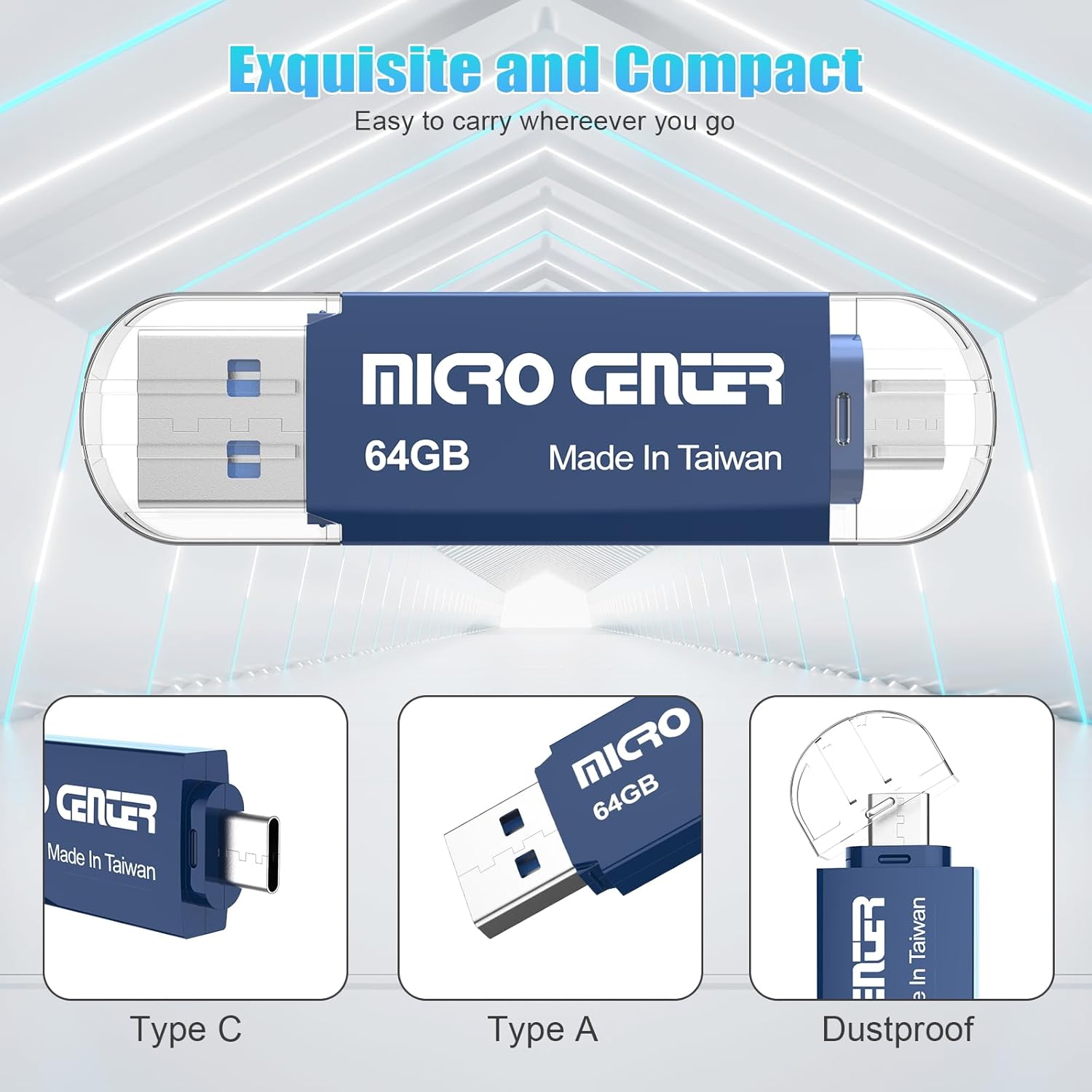 INLAND Micro Center SuperSpeed 5 Pack 64GB Daul Drive USB 3.0 Type C & Type A OTG 2-in-1 up to 100MB/s Flash Drive Thumb Drive Memory Storage Stick for Android Computers MacBook Tablets PC, Blue