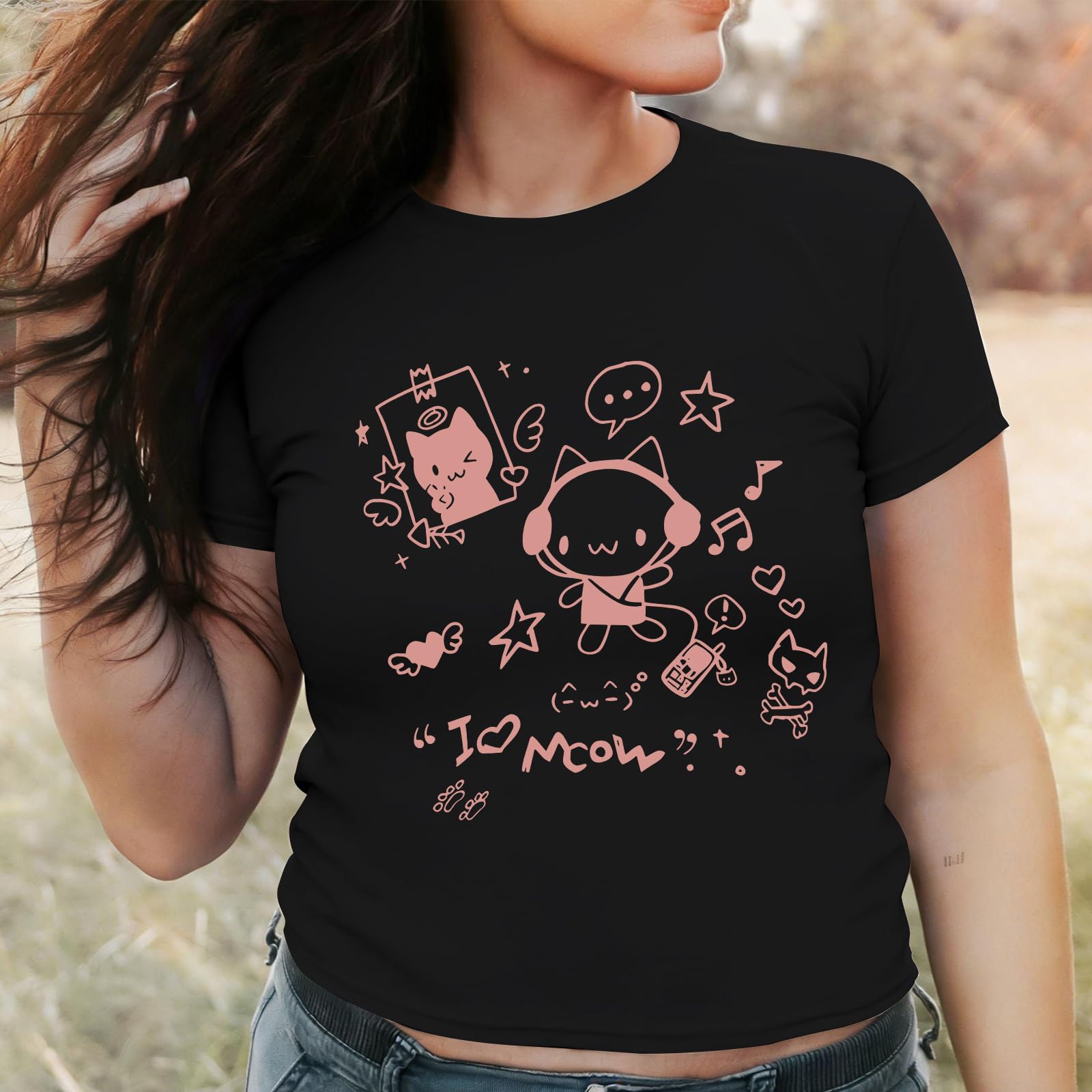 Oiiaayy Cute Baby Tees for Women Cat Kawaii Y2k Graphic Crop Top Harajuku Cartoon T Shirts Teen Girls Aesthetic Grunge Shirts: Black Small
