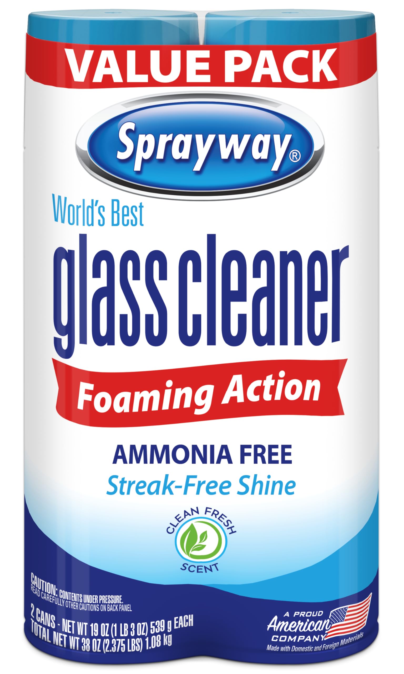 Sprayway Glass Cleaner Foaming Aerosol Spray, 19oz, Pack of 2 | Ammonia-Free, Streakless, Fast-Acting | Cleans & Polishes Glass Surfaces | Fresh Scent, Removes Fingerprints, Dust, Dirt, Smoke Film