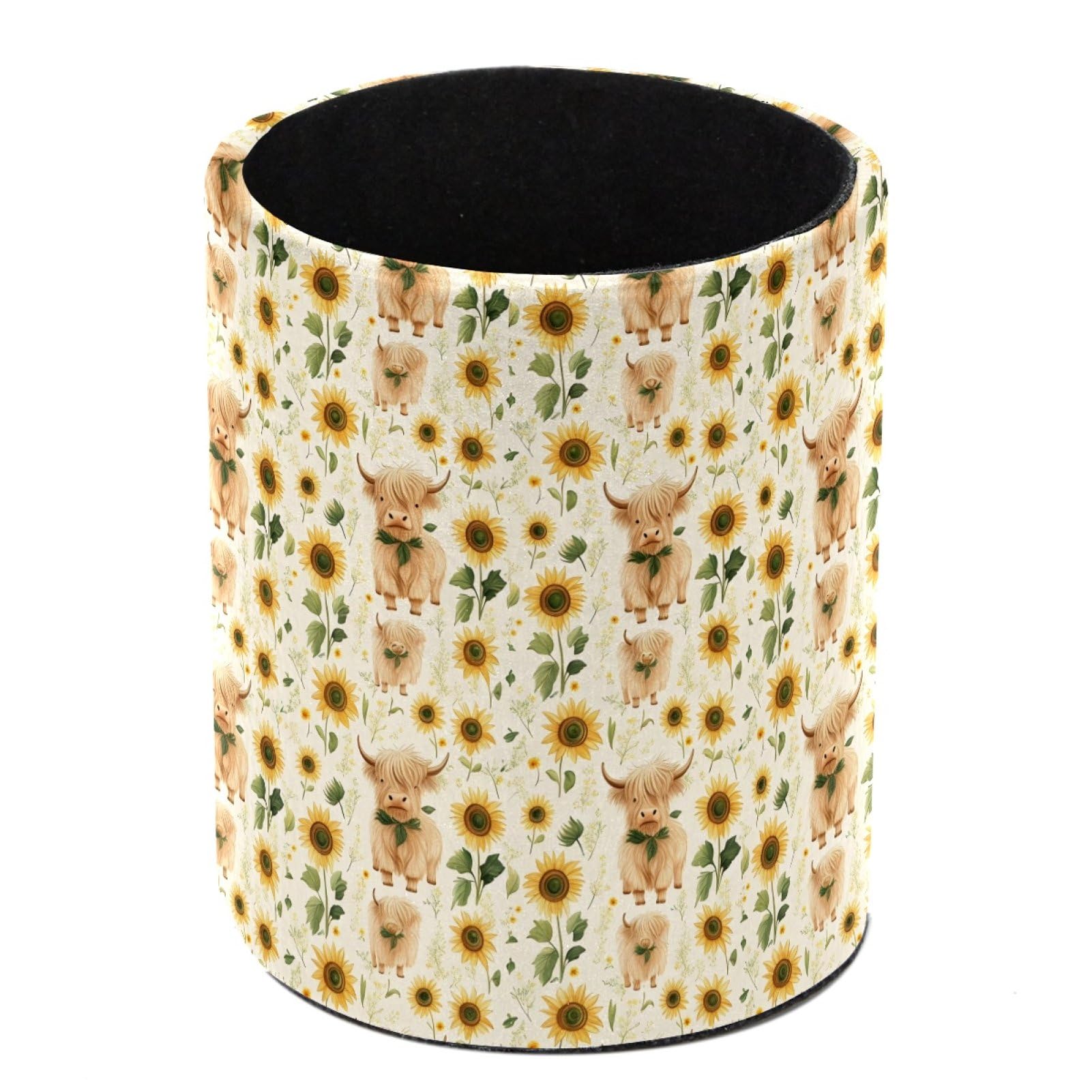 HEOEH Sunflowers Cow Pen Holder for Desk, PU Leather Pencil Holder Pen Cup Marker Holder Makeup Brush Holders, Desk Accessories & Workspace Organizers for Home, Office