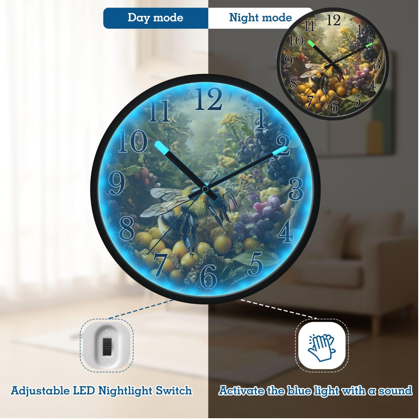 Mnsruu Reloj de pared luminoso con diseño de panal de abeja y uva, funciona con pilas, silencioso, brilla en la oscuridad, para sala de estar, cocina, 30,5 cm