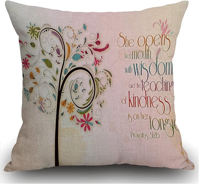 Smooffly Inspirational Christian Bible Verse Proberbs Quotes Cushion Cover, She Opens Her Mouth with Wisdom and The Teaching of Kindness is on Her Tongue Throw Pillow Cover 45cmx45cm 18x18 inch
