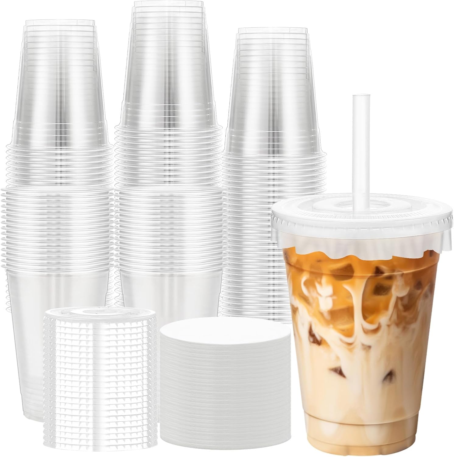 100 Pack 16 oz Disposable Cups with Lids and Straws, Plastic Coffee Cups Iced Smoothie Cup with Lids and Paper Lid Liners for Cold Drink, Smoothies and Leak-Proof, BPA-Free