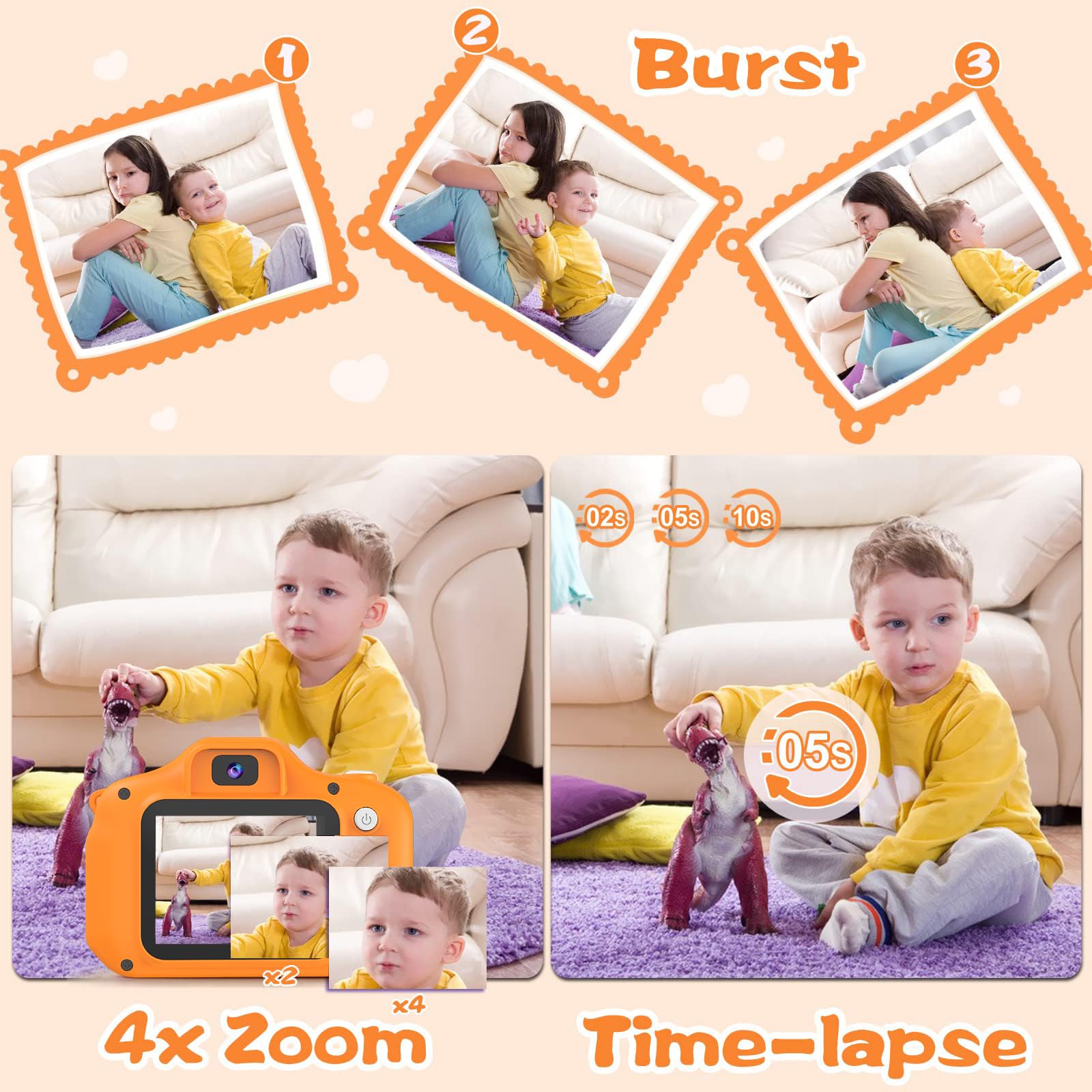 Cámara naranja para niños, cumpleaños para niñas y niños de 3 a 12 años, cámara de video digital HD para niños pequeños, pantalla IPS HD, juguete portátil con tarjeta SD de 32 GB 4