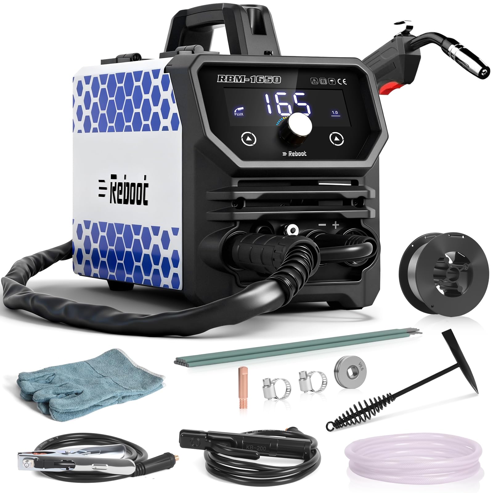 Reboot RBM1650 4-in-1 Multifunction Welder with No Gas, Electrode and Lift TIG – Inverter Welder with LED Display for Workshop, Home and DIY – Includes Free Gloves