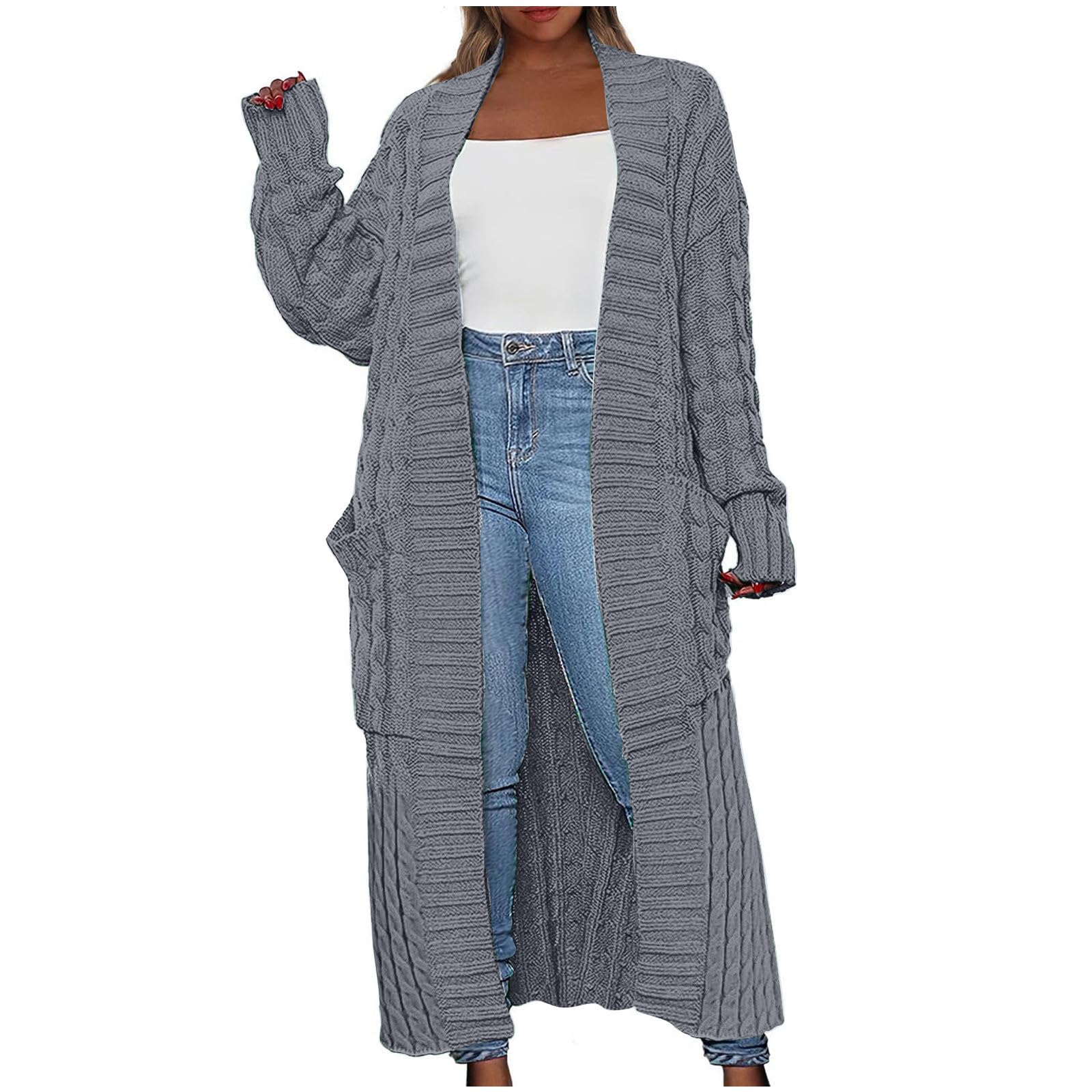 Womens Long Cardigan Sweaters 2025 Fall Open Front Long Sleeve Cardigans Cable Knit Maxi Coat Outerwear Trendy Jacket