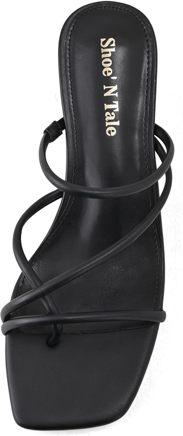 Shoe'N Tale Strappy Heels for Women Chunky Thong Strap Slip On Mules Square Toe Low Kitten Heeled Sandals - Image 3