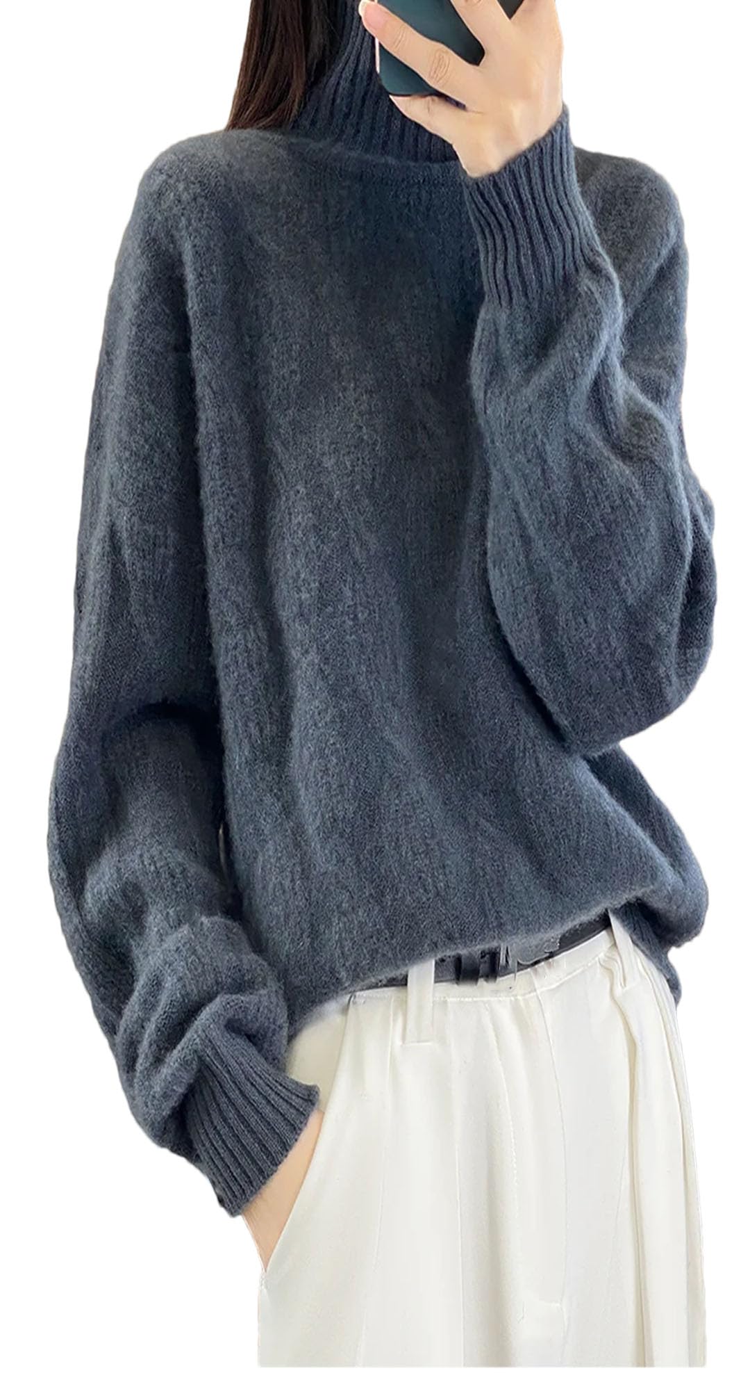 Alloaone Suéter De Punto De Cuello Alto De Cachemira De Lana para Mujer Jersey Suelto Top para Mujer