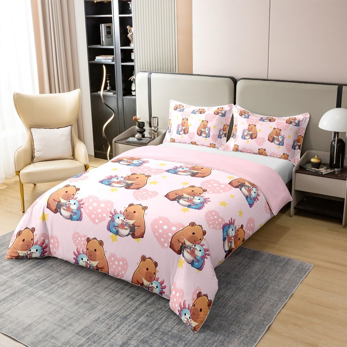 Erosebridal Cute Capybara Twin Bedding Set, Axolotl 100% Cotton Duvet Cover for Kids Girls, Capybara Feeding Noodles to Salamanders Pink Comforter Cover, Star Love Heart Polka Dot Bedclothes