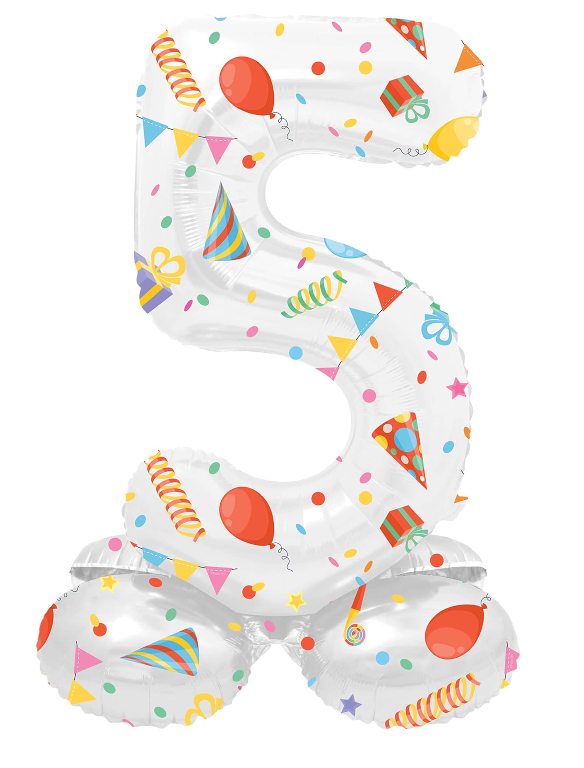 Folat 63965 Standing 5 Joyful Party White with Gifts 72 cm Birthday Decoration Balloon Number No Helium Required, Multicoloured, Standard Size