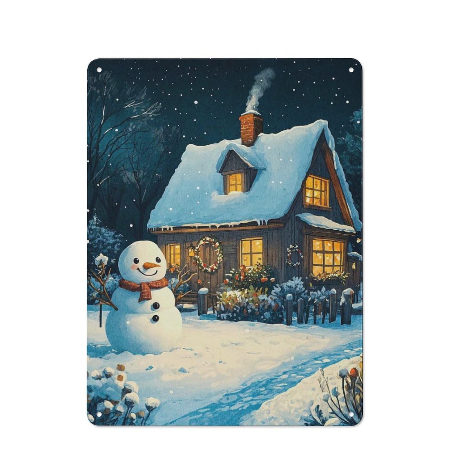 Junmoney Snowy Cottage Christmas Metal Plaque 40X30cm With For Hallway Wall, Rustic Decor, For Garage, Workshop And Man Cave Decoration