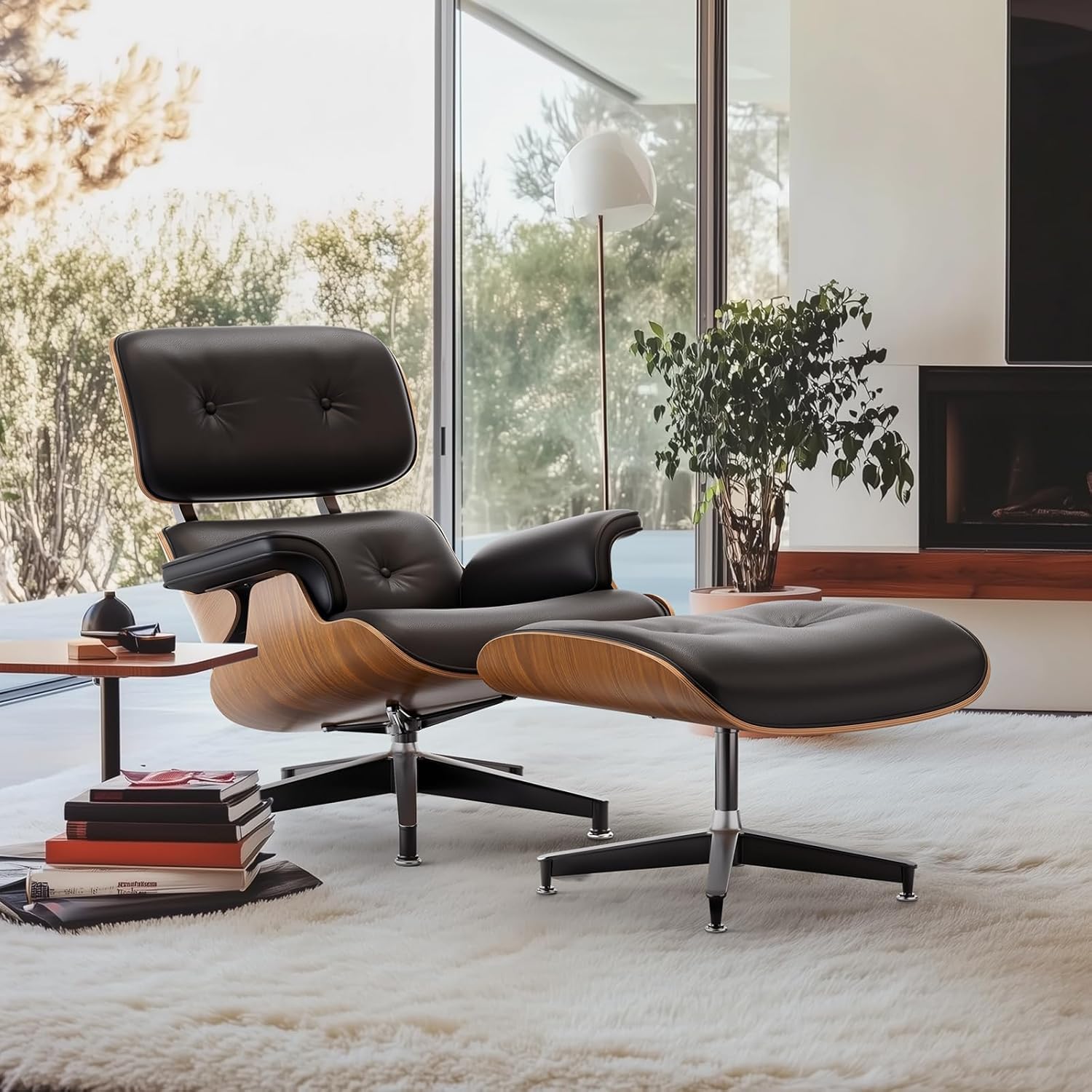 Photo 1 of **View Clerk Notes**GDFStudio Mid Century Chaise Lounge Chair with Ottoman, Grain Leather Recliner Chair with 15 Degree Tilt Ergonomic Lumbar Support, Indoor Lounge Chair for Bedroom Living Room Office, Black+Dark Walnut